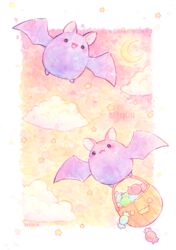  :3 :d animal animal_focus artist_name bat_(animal) bisquii candy chibi cloud crescent_moon fangs flying food glowing halloween halloween_bucket marshmallow moon no_humans open_mouth original painting_(medium) pumpkin smile squash star_(symbol) traditional_media watercolor_(medium) 