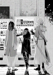  3boys armband armor balancing boots bottle can clothes_grab coat drink_can facing_away flip-flops fringe_trim from_behind gloves greyscale hair_down hakama haori headband high_heel_boots high_heels highres holding holding_can ichimonji_norimune japanese_armor japanese_clothes kashuu_kiyomitsu kashuu_kiyomitsu_(kiwame) katana kimono leaning_forward long_hair long_sleeves male_focus monochrome monster_energy multiple_boys night outdoors pants partially_fingerless_gloves pointing sandals sash scarf shadow shoe_soles short_hair_with_long_locks shoulder_pads soda_can standing standing_on_one_leg sword touken_ranbu tsubu vending_machine weapon wide_sleeves yamato-no-kami_yasusada yamato-no-kami_yasusada_(kiwame) 