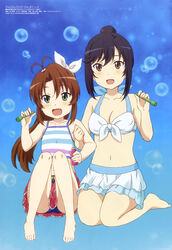  2girls :d absurdres ahoge ass bare_arms bare_legs barefoot bikini bikini_skirt black_hair breasts brown_eyes brown_hair bubble bubble_pipe cleavage collarbone flat_chest full_body furukawa_hideki green_eyes hair_bun highres ichijou_hotaru kneeling knees_together_feet_apart koshigaya_komari legs_together locked_arms long_hair looking_at_viewer magazine_scan medium_breasts medium_hair megami_magazine multiple_girls navel non_non_biyori oerba_yun_fang official_art open_mouth ponytail scan sidelocks simple_background single_hair_bun sitting smile striped_bikini striped_clothes swimsuit thighs white_bikini 