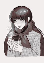  alternate_costume artist_name bow bowtie commentary cropped_torso cup danganronpa_(series) danganronpa_v3:_killing_harmony english_commentary female grey_background greyscale hair_ornament hair_scrunchie hairclip harukawa_maki highres holding holding_cup huge_bow jacket long_hair long_sleeves looking_at_viewer low_twintails missarilicious mole mole_under_eye monochrome open_clothes open_jacket plaid plaid_jacket scrunchie smile solo twintails 