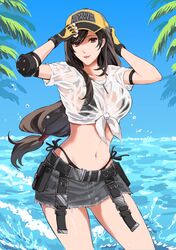  baseball_cap beach bikini bikini_under_clothes breasts crop_top denim denim_skirt elbow_pads female final_fantasy final_fantasy_vii final_fantasy_vii_ever_crisis frayed_clothes frayed_skirt hat highres kivavis long_hair looking_at_viewer low-tied_long_hair miniskirt official_alternate_costume see-through see-through_shirt shirt single_elbow_pad skirt solo swimsuit tifa_lockhart tifa_lockhart_(lifeguard) wet wet_clothes wet_shirt whistle whistle_around_neck 