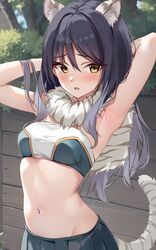  animal_ear_fluff animal_ears armpits arms_up belt black_hair blush breasts capelet detached_sleeves female fur_capelet hair_between_eyes highres long_hair looking_at_viewer marisasu_(marisa0904) medium_breasts navel princess_connect! shiori_(princess_connect!) solo stomach strapless tail tiger_ears tiger_girl tiger_tail tube_top yellow_eyes 