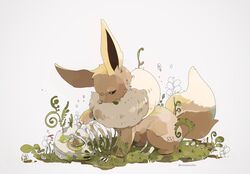  absurdres animal_focus artist_name bad_id bad_pixiv_id black_sclera colored_sclera commentary_request eevee flower from_side full_body grass grey_background half-closed_eyes hand_up highres kamonabe_(kamonabeekon) looking_down moss no_humans orange_flower plant pokedex_number pokemon pokemon_(creature) red_flower sad simple_background skeleton skull solo twitter_username watermark white_eyes 