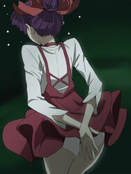  arms_behind_back ass choker dress female from_behind gegege_no_kitarou hair_ribbon haruyama_kazunori nekomusume nekomusume_(gegege_no_kitarou_6) panties purple_hair red_choker red_dress red_ribbon ribbon shirt short_hair solo underwear white_panties white_shirt 