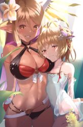  2girls absurdres andira_(granblue_fantasy) andira_(summer)_(granblue_fantasy) animal_ears bare_shoulders belt bikini black_bikini blonde_hair blush bon_mushi breasts closed_mouth colored_inner_hair dark-skinned_female dark_skin detached_sleeves draph erune flower granblue_fantasy hair_between_eyes hair_flower hair_ornament halterneck head_rest height_difference highleg highleg_swimsuit highres horn_ornament horns kumbhira_(granblue_fantasy) kumbhira_(summer)_(granblue_fantasy) large_breasts layered_bikini long_hair looking_at_viewer loose_belt monkey_ears monkey_tail multi-strapped_bikini multicolored_hair multiple_girls navel official_alternate_costume one-piece_swimsuit parted_lips pointy_ears purple_hair red_bikini red_eyes see-through short_hair signature skindentation smile spaghetti_strap standing stomach strap_slip swimsuit tail wet white_belt white_one-piece_swimsuit yellow_eyes 