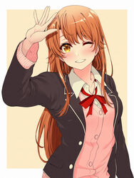  alternate_hair_length alternate_hairstyle arm_up black_jacket blush border brown_hair cardigan collared_shirt dress_shirt female grin highres isshiki_iroha jacket long_hair long_sleeves looking_at_viewer neck_ribbon one_eye_closed open_clothes open_jacket pink_cardigan red_hayao red_ribbon ribbon school_uniform shirt smile sobu_high_school_uniform solo standing straight_hair upper_body very_long_hair white_border white_shirt wing_collar yahari_ore_no_seishun_lovecome_wa_machigatteiru. yellow_eyes 