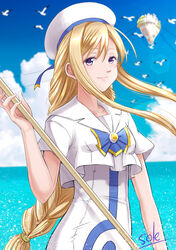  absurdres alicia_florence aria_(manga) aria_company_uniform artist_name beret bird blonde_hair blue_bow blue_bowtie blue_ribbon blue_sky blurry blurry_background bow bowtie braid braided_ponytail collarbone commentary_request cowboy_shot day dress female floating_island gold_trim hair_between_eyes hand_up hat hat_ribbon highres holding holding_oar impossible_clothes impossible_dress long_hair looking_at_viewer oar ocean outdoors parted_bangs purple_eyes ribbon sailor_collar seabird seagull short_sleeves sidelocks signature sky smile solo standing telaform very_long_hair white_dress white_hat 