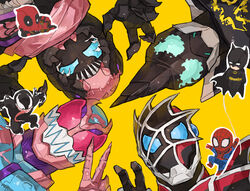  4boys aqua_eyes armor bat_genome batman batman_(series) bbbb_fex black_armor blue_eyes chibi chibi_inset commentary_request crossover dc_comics deadpool deadpool_(series) fingernails highres kamen_rider kamen_rider_demons kamen_rider_evil kamen_rider_revi kamen_rider_revice kamen_rider_vice looking_at_viewer male_focus marvel multiple_boys pink_armor pink_scarf red_armor red_eyes rex_genome scarf sharp_fingernails silk spider-man spider-man_(series) spider_genome spider_web spider_web_print trait_connection venom_(marvel) 