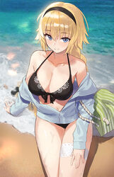  bag bare_shoulders beach bikini black_bikini blonde_hair blue_eyes blue_jacket blush braid breasts cleavage closed_mouth collarbone commentary_request fate/grand_order fate_(series) female highres hood hooded_jacket jacket jeanne_d&#039;arc_(fate) jeanne_d&#039;arc_(swimsuit_archer)_(fate) jeanne_d&#039;arc_(swimsuit_archer)_(first_ascension)_(fate) large_breasts long_braid long_hair long_sleeves looking_at_viewer navel off_shoulder photoshop_(medium) seon_(seonon_) shoulder_bag single_braid sitting smile swimsuit thighs 