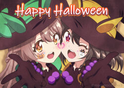  2girls ;d black_dress black_gloves black_hair black_headwear braid brown_eyes brown_hair cheek-to-cheek commentary crown_braid dress english_text facial_tattoo ghost gloves halloween halloween_costume happy_halloween hat heads_together horse_girl jack-o&#039;-lantern kitasan_black_(umamusume) long_hair looking_at_viewer multiple_girls one_eye_closed open_mouth puffy_short_sleeves puffy_sleeves reaching reaching_towards_viewer red_eyes satono_diamond_(umamusume) short_sleeves smile symmetrical_hand_pose tattoo tsuji_tomoko twitter_username umamusume witch_hat 