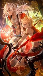  2boys animal_ears aqua_eyes armlet black_gloves black_sash blonde_hair circlet coat collar curtained_hair dark-skinned_male dark_skin dual_persona feet_out_of_frame fingerless_gloves gloves gold_collar highres jewelry kemonomimi_mode lars_rorschach lion_boy lion_ears lion_tail long_hair long_sleeves looking_ahead looking_at_another lovebrush_chronicles magic magic_circle male_focus multiple_boys necklace official_art open_clothes open_robe parted_lips pendant profile red_coat red_scarf robe sash scarf short_hair sideways_glance sleeveless tail third-party_source tree white_hair 