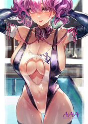  armpits arms_behind_head arms_up bare_shoulders breasts cleavage closed_mouth clothing_cutout collarbone covered_navel detached_collar elbow_gloves female gloves heart_cutout highleg highleg_swimsuit highres large_breasts looking_at_viewer navel one-piece_swimsuit original purple_eyes purple_hair sideboob signo_aaa smile solo swimsuit thighhighs tongue tongue_out twintails wet 