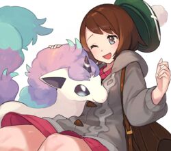  ;d bag bob_cut brown_bag brown_hair cardigan chorefuji collared_dress commentary_request dress eyelashes female galarian_ponyta gloria_(pokemon) green_headwear grey_cardigan happy hat headpat knees long_sleeves one_eye_closed open_mouth pink_dress pokemon pokemon_(creature) pokemon_swsh short_hair smile tam_o&#039;_shanter tongue white_background 