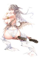  absurdres ahoge amatsuji armlet ass backless_dress backless_outfit bare_back bare_shoulders blue_eyes breasts colored_eyelashes commentary_request dress female floating_hair from_behind grey_eyes grey_hair hair_between_eyes hand_on_own_face highres large_breasts long_hair looking_at_viewer looking_back low_wings original pointy_ears sandals shoulder_blades sideboob sidelocks simple_background sleeveless sleeveless_dress solo thighs thong very_long_hair white_background white_dress wings 