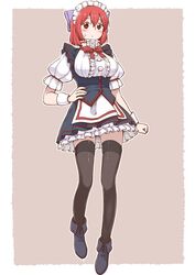  alternate_costume apron black_footwear black_thighhighs border bow bowtie breasts brown_background buttons closed_mouth commentary_request duplicate female frills full_body hair_between_eyes hand_on_own_hip high_collar large_breasts looking_at_viewer maid maid_headdress pixel-perfect_duplicate poronegi puffy_short_sleeves puffy_sleeves red_bow red_bowtie red_eyes red_hair red_ribbon ribbon ribbon-trimmed_bow sekibanki short_hair short_sleeves simple_background solo standing sweat thighhighs touhou waist_apron white_apron white_border white_headdress wrist_cuffs 