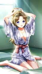  :d bare_legs barefoot blue_eyes breasts brown_hair cleavage doukyuusei_another_world female futon game_cg hair_intakes indoors japanese_clothes kakyuusei_2 kimono long_hair medium_breasts open_mouth pillow ponytail print_kimono shirai_yuuri short_kimono sitting smile solo sunlight tatami tying_hair very_long_hair wariza white_kimono 