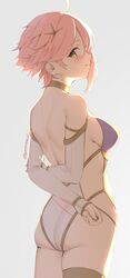  ahoge ass backlighting bare_shoulders blush breasts closed_mouth commentary cowboy_shot detached_sleeves female from_behind grey_background hair_ornament leotard long_sleeves looking_at_viewer looking_back original photoshop_(medium) pink_hair revealing_clothes short_hair sideboob sideless_outfit simple_background skeptycally smile solo twitter_username yellow_eyes 