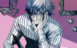  1boy blue_eyes blue_hair collared_shirt eyewear_strap fate/grand_order fate_(series) glasses hand_on_own_face hans_christian_andersen_(adult)_(fate) hans_christian_andersen_(fate) looking_at_viewer picture_frame quill sei_8220 shirt smile solo_focus striped_clothes striped_shirt unbuttoned unbuttoned_shirt 