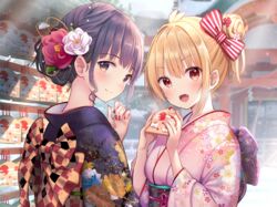  2girls :d blonde_hair blurry blurry_background blush bow breasts commentary_request depth_of_field ema floral_print flower hair_bun hair_flower hair_intakes hair_ornament hairbow hands_up highres holding japanese_clothes kimono long_sleeves looking_at_viewer looking_back multiple_girls nail_polish obi oerba_yun_fang open_mouth original pink_kimono print_kimono purple_eyes purple_hair purple_kimono red_eyes red_flower red_nails sash single_hair_bun small_breasts smile striped striped_bow torii u_rin upper_body white_flower wide_sleeves 