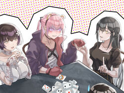  4girls april_fools bandaged_arm bandaged_neck bandages black_dress black_hair blood blood_on_arm blush breasts card card_game chair chinese_commentary collarbone dandelion_(girls&#039;_frontline) dress finellen flower girls&#039;_frontline gloves hair_flower hair_ornament hairclip highres index_finger_raised jacket joker_(playing_card) large_breasts long_hair looking_at_another looking_away machlian_(girls&#039;_frontline) medium_breasts multiple_girls multiple_views open_clothes open_jacket open_mouth paradeus pink_hair playing_card ponytail purple_eyes purple_jacket red_gloves shirt short_hair simple_background sitting st_ar-15_(girls&#039;_frontline) st_ar-15_(mod3)_(girls&#039;_frontline) table teeth upper_body upper_teeth_only white_dress white_shirt yellow_eyes 