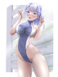  blue_eyes blue_hair blue_one-piece_swimsuit breasts competition_swimsuit cowboy_shot day female hair_ribbon highleg highleg_swimsuit highres long_hair mashinatsu medium_breasts medium_hair multicolored_clothes multicolored_swimsuit one-piece_swimsuit original ponytail ribbon solo standing swimsuit turtleneck v 