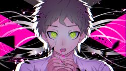  1boy asphyxiation bad_id bad_pixiv_id black_background blood blood_from_mouth brown_hair commentary_request danganronpa_(series) danganronpa_2:_goodbye_despair ghost_rule_(vocaloid) green_eyes hama_cheese hand_on_another&#039;s_neck hinata_hajime looking_at_viewer male_focus multicolored_background open_mouth outline pink_background pink_blood portrait shirt short_hair solo strangling translated white_outline 