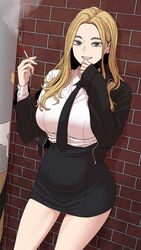  absurdres beautiful_gunbari black_necktie black_skirt blonde_hair breasts brick_wall cho_ye-ryeong female gwanak hands_up highres large_breasts long_hair long_sleeves looking_at_viewer mole mole_under_eye necktie outdoors school_uniform shirt skirt smile smoking solo white_shirt 