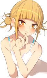  absurdres blonde_hair blunt_bangs boku_no_hero_academia bra breasts closed_mouth double_bun female hair_bun hand_on_own_face highres looking_at_viewer medium_breasts navel rasusurasu short_hair simple_background smile solo toga_himiko underwear upper_body white_background white_bra yellow_eyes 