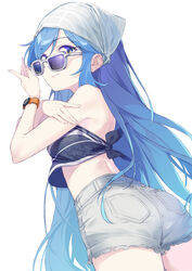  adjusting_eyewear arm_up ass bae_minah_(chaesu) blue-tinted_eyewear blue_eyes blue_hair blue_shirt borrowed_character coffeekite commentary cutoffs denim denim_shorts female from_behind head_scarf highres long_hair looking_back looking_over_eyewear original shirt short_shorts shorts smile solo sunglasses thighs tinted_eyewear very_long_hair watch wristwatch 