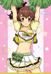  arms_up black_ribbon blush bow_skirt breasts brown_eyes brown_hair cheerleader cleavage closed_mouth clothes_writing coco&#039;s commentary cowboy_shot female frilled_skirt frills frown girls_und_panzer green_skirt hair_ribbon holding holding_pom_poms jacket koyama_yuzu lace lace-trimmed_shirt lace_trim large_breasts looking_at_viewer midriff miniskirt nakasone_haiji navel pink_background pleated_skirt pom_pom_(cheerleading) ribbon shirt short_hair short_ponytail short_sleeves skirt solo standing star_(symbol) starry_background striped striped_background white_shirt white_skirt wristband yellow_jacket 