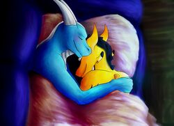  absurd_res albion_(albion2000) ambiguous_gender anthro bedding blanket blue_body blue_skin dragon duo european_mythology furniture hi_res horn hug kobold mythological_creature mythological_scalie mythology scalie sofa tanukii9 tidko western_dragon yellow_body yellow_skin 