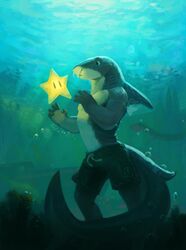  2019 5_fingers anthro bottomwear bubble cariboops clothing digital_media_(artwork) docks fingers fish gills glowing hi_res lake male marine mario_bros multicolored_body muscular muscular_anthro muscular_male nintendo sea shark shorts signature solo star star_(mario_bros) swimming_trunks swimwear two_tone_body underwater water 