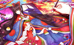  ball black_hair bow calligraphy_brush fate/grand_order fate_(series) female hairbow heian highres japanese_clothes karaginu_mo kimono layered_clothes layered_kimono long_hair lying on_back paintbrush paper purionpurion scroll sei_shounagon_(fate) sei_shounagon_(third_ascension)_(fate) shell signature smile solo very_long_hair wide_sleeves yellow_eyes 