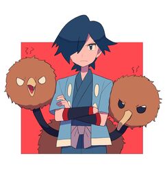  1boy black_wristband blue_eyes blue_hair blue_jacket blue_kimono border closed_mouth commentary crossed_arms doduo falkner_(pokemon) frown hair_over_one_eye highres jacket japanese_clothes kimono male_focus open_clothes open_jacket pokemon pokemon_(creature) pokemon_hgss red_background sash short_hair short_sleeves symbol-only_commentary tyako_089 white_border wristband 