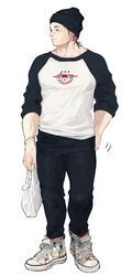  1boy bag bara beanie black_pants casual contrapposto ear_piercing full_body gackbuck hat highres kuromaru_(gackbuck) large_pectorals long_sideburns looking_to_the_side male_focus motion_lines muscular muscular_male original pants pectorals piercing protected_link shirt shoes shopping_bag short_hair sideburns simple_background sneakers solo standing white_background 