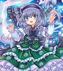  :d adapted_costume black_bow black_bowtie black_hairband blue_background blush bow bowtie cowboy_shot female frilled_bowtie frilled_skirt frilled_vest frills green_eyes green_skirt green_vest grey_hair hair_between_eyes hairband hitodama katana konpaku_youmu long_sleeves looking_at_viewer marker_(medium) open_mouth rui_(sugar3) sample_watermark short_hair skirt smile solo sword tassel too_many too_many_frills touhou traditional_media vest watermark weapon 