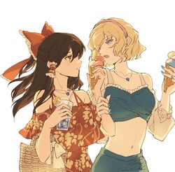  2girls alice_margatroid alternate_costume arm_grab bandeau bare_shoulders blue_eyes blush bow brown_eyes brown_hair contemporary cowboy_shot earrings food frilled_bow frills fruit hair_tubes hairbow hakurei_reimu highres ice ice_cream ice_cream_cone jewelry light_blush long_hair looking_at_another midriff multiple_girls nail_polish navel necklace orange_(fruit) orange_slice ringo_orihara touhou waffle_cone white_background wicker_basket yuri 