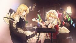  2girls apron bad_id bad_skeb_id black_skirt blonde_hair bobby_socks bound bound_torso bow breasts buttons candlestand chair commission crystal cup elbow_rest flandre_scarlet frilled_apron frilled_skirt frills hand_on_own_face hat hat_bow hat_ribbon hisona_(suaritesumi) kirisame_marisa lamp long_sleeves looking_at_another mary_janes medium_breasts mixed-language_commentary multicolored_wings multiple_girls nervous no_headwear puffy_short_sleeves puffy_sleeves red_bow red_footwear red_hair red_ribbon red_skirt red_vest ribbon round_table shelf shirt shoes short_sleeves sitting skeb_commission skirt socks table teacup touhou uneven_eyes unworn_headwear vest waist_apron white_apron white_bow white_legwear white_ribbon white_shirt wings witch_hat wrist_cuffs yellow_eyes 