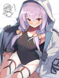  absurdres atsuko_(blue_archive) black_gloves black_one-piece_swimsuit blue_archive breasts covered_nipples female gloves halo highres hood hoodie jacket kawa_mura looking_at_viewer one-piece_swimsuit purple_hair red_eyes school_swimsuit sitting solo swimsuit thighs translation_request wariza white_hoodie white_jacket 