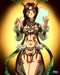  1990s_(style) artist_name bodypaint branch breasts brown_eyes brown_hair confused facepaint female highres holding holding_tablet_pc jewelry julia_chang looking_to_the_side medium_breasts midriff native_american navel necklace pointing pointing_up retro_artstyle selfie short_shorts shorts solo strapless tablet_pc tekken tube_top white_shorts youdotan 