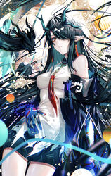  arknights bare_shoulders bead_bracelet beads black_hair bracelet breasts colored_skin dragon_girl dragon_horns dragon_tail dress dusk_(arknights) earrings female green_horns green_skin hair_over_one_eye highres horns jewelry long_hair looking_at_viewer medium_breasts multicolored_hair necktie pointy_ears red_eyes red_necktie senju_yosiyuki sleeveless streaked_hair tail tassel tassel_earrings very_long_hair white_dress 