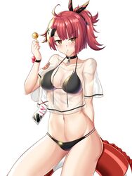  bikini black_bikini black_choker blush bow bracelet breasts candy choker cleavage collarbone female food girls&#039;_frontline hair_ornament hair_ribbon hairbow hand_up highres jewelry lollipop looking_at_viewer medium_breasts medium_hair mp7_(girls&#039;_frontline) mp7_(lollipop_ammo)_(girls&#039;_frontline) navel ponytail red_hair ribbon solo stomach swimsuit thighs white_background yan_lie yellow_eyes 