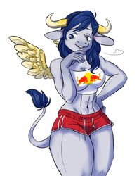  anthro archive_dump art_dump bluebun bottomwear bovid bovine breasts cattle cleavage clothed clothing female hi_res mammal muscular muscular_anthro muscular_female quads red_bull shorts smug solo wings 