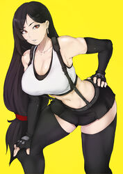  absurdres bare_shoulders black_hair black_skirt black_thighhighs breasts brown_eyes cleavage commentary crop_top earrings elbow_gloves english_commentary female final_fantasy final_fantasy_vii final_fantasy_vii_remake fingerless_gloves gloves hand_on_own_hip highres jewelry leaning_forward long_hair low-tied_long_hair microskirt midriff muscular muscular_female parted_lips pleated_skirt puzenketsu shirt simple_background skirt solo suspender_skirt suspenders tank_top taut_clothes taut_shirt thick_thighs thighhighs thighs tifa_lockhart very_long_hair white_tank_top yellow_background 