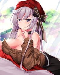  aran_sweater azur_lane bare_shoulders belfast_(azur_lane) belfast_(shopping_with_the_head_maid)_(azur_lane) beret black_skirt blush bow breasts brown_sweater cable_knit choker closed_mouth commentary earrings female food grey_hair hair_ribbon hat highres hoop_earrings jewelry large_breasts long_hair looking_at_viewer mouth_hold off-shoulder_sweater off_shoulder official_alternate_costume pocky purple_eyes ribbon skirt smile solo spring_(season) sweater yan_lie 