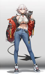  absurdres ass_visible_through_thighs behalter blue_eyes breasts contrapposto crop_top demon_tail earrings feline female full_body gloves gradient_background grey_hair highres hip_vent jacket jewelry lilith_(behalter) looking_at_viewer original red_eyes sideboob solo tail underboob 