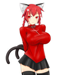  animal_ears braid breasts cat_ears cat_girl cat_tail contrapposto cosplay fate/stay_night fate_(series) female highres himenomikan huge_breasts kaenbyou_rin multiple_tails name_connection nekomata red_eyes red_hair skirt smile solo tail thighhighs tohsaka_rin tohsaka_rin_(cosplay) touhou twin_braids two_tails zettai_ryouiki 