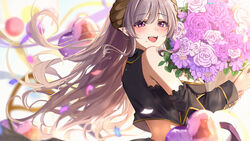  :d amyu_(amm_asl_pa) balloon black_shirt blurry blurry_background blurry_foreground blush bouquet breasts commentary demon_horns detached_sleeves female floating_hair flower from_side hair_between_eyes heart_balloon highres holding holding_bouquet honey_strap horns lace_trim light_purple_hair long_hair medium_breasts mole mole_under_mouth nanashi_inc. open_mouth pointy_ears purple_eyes saionji_mary shirt smile solo tail upper_body virtual_youtuber 