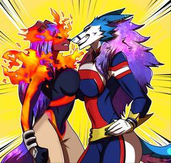  2017 5_fingers anthro avoid_posting big_breasts bluhcat breast_squish breasts breasts_frottage canid canine canis domestic_dog duo female female/female fingers fire hi_res mammal my_hero_academia sergal smile squish todoroki_enji toshinori_yagi zektra_(sigii_miau) 