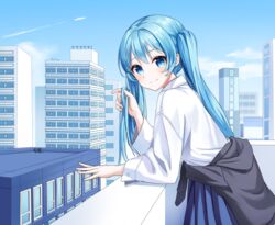  absurdres aircraft airplane balcony black_jacket blue_eyes blue_hair blue_skirt building city clothes_around_waist commentary contrail day female hatsune_miku highres holding holding_own_hair ille_(xcpa7325) jacket jacket_around_waist leaning_forward long_hair looking_at_viewer outdoors pleated_skirt shirt skirt smile solo twintails very_long_hair vocaloid white_shirt 